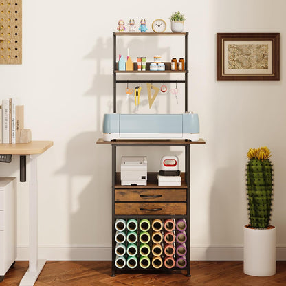 VENNQD Stand Compatible with Cricut Maker and Cricut Explore Air Series Craft Organizers and Storage with 2 Fabric Drawer and Shelves Crafting Table with Vinyl Roll Holder Workstation, White