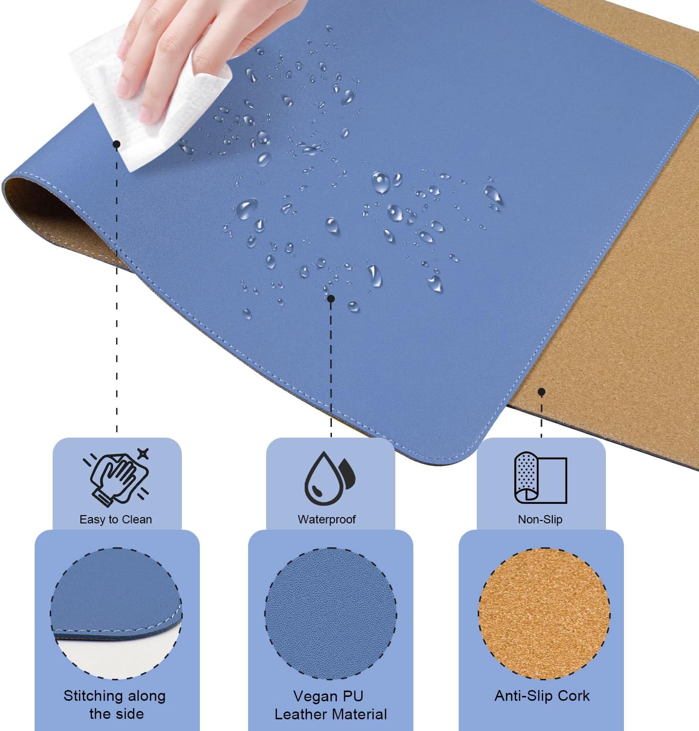 Non Slip Desk Mat, 31.5" x 15.7" PU Leather Desk Pad, Cork Desk Mat for Desktop, Desk Pad for Keyboard and Mouse, Ideal for Office and Home, Black