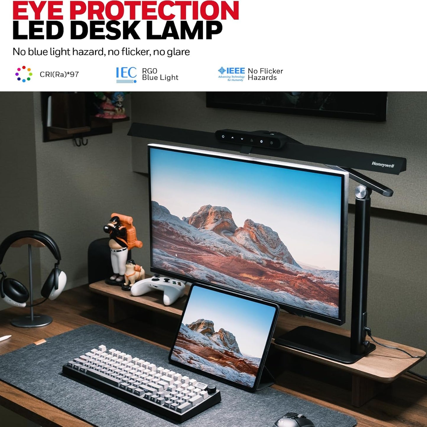 Honeywell LED Desk Lamp with Clamp - HJ1 Sunturalux Eye-Caring Clip on Lights for Home Office, 1200LM Clamp Lamp 4 Color Modes Stepless Dimming Task Desk Light for Working Black