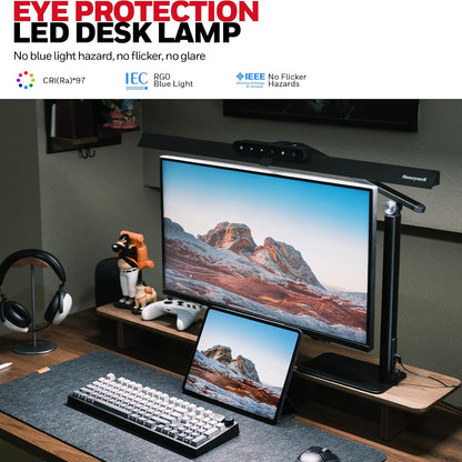 Honeywell LED Desk Lamp with Clamp - HJ1 Sunturalux Eye-Caring Clip on Lights for Home Office, 1200LM Clamp Lamp 4 Color Modes Stepless Dimming Task Desk Light for Working Black