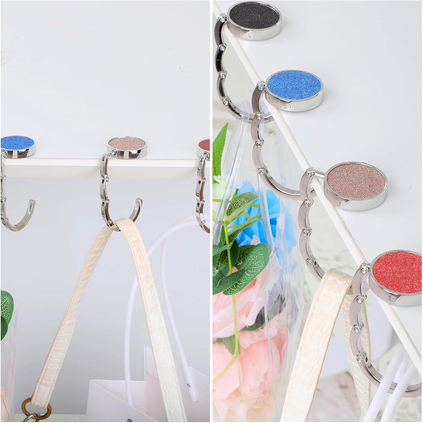 4 Pcs Foldable Purse Hook for Table Folding Women's Handbag Hangers Hooks for Desk Bling Rhinestone Table Bag Holder Portable Bag Holder for Women Bags (Black,White,Gold,Champagne)