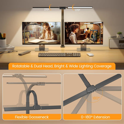 SIBRILLE LED Desk Lamp for Home Office - Dimmable Computer Desk Light with Clamp, Modern Architect Task Lamp with Color Changing, Flexible Desktop Lamp with Gooseneck for Monitor, Double Head, White