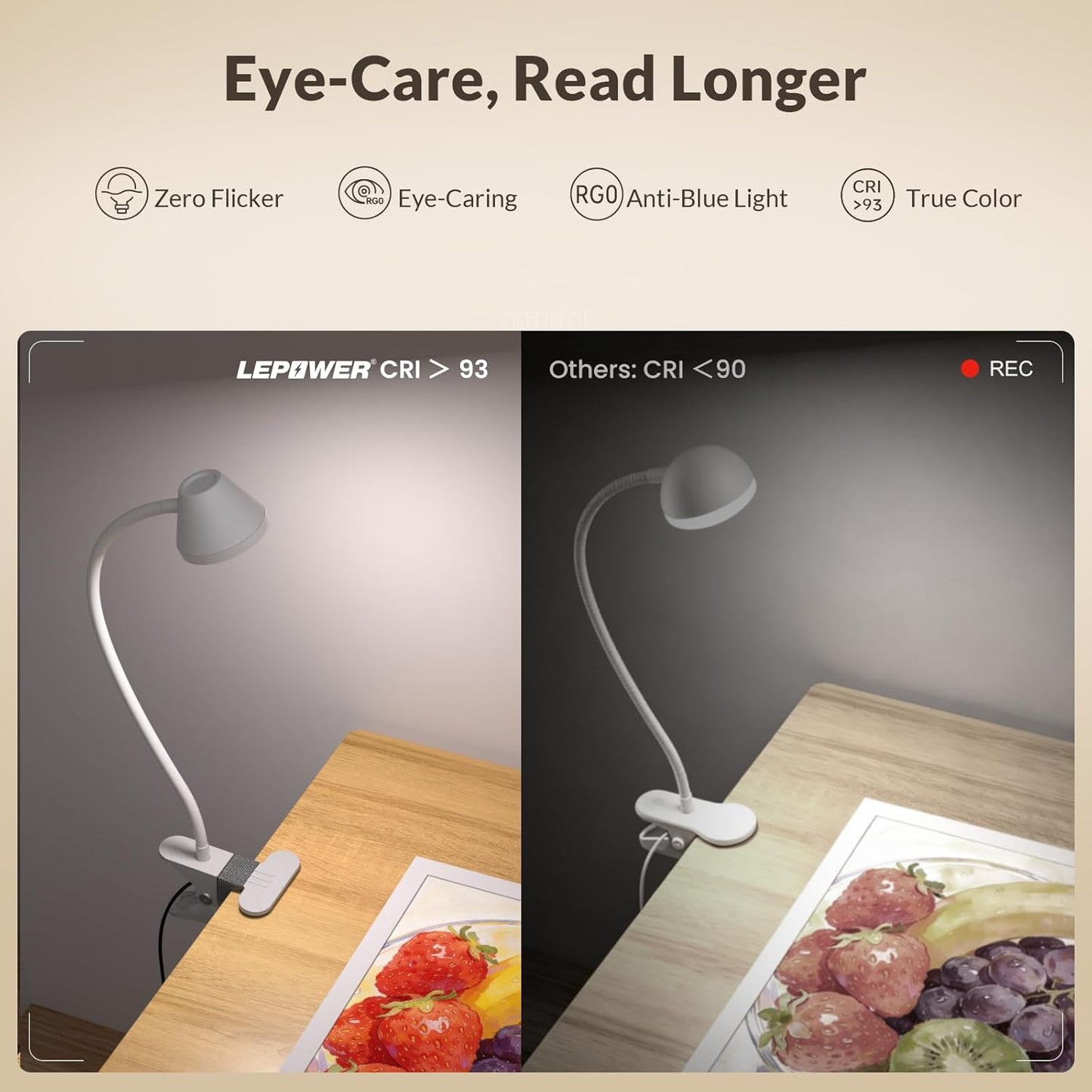 LEPOWER Clip on Light, 7W Reading Lights for Books in Bed with 5 Colors & Stepless Dimming, RG0 Eye-Care, Amber Glow Light & Auto Timer, Strong Clamp with Adapter for Headboard, Bedside, Desk, Black