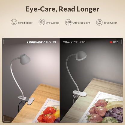 LEPOWER Clip on Light, 7W Reading Lights for Books in Bed with 5 Colors & Stepless Dimming, RG0 Eye-Care, Amber Glow Light & Auto Timer, Strong Clamp with Adapter for Headboard, Bedside, Desk, Black