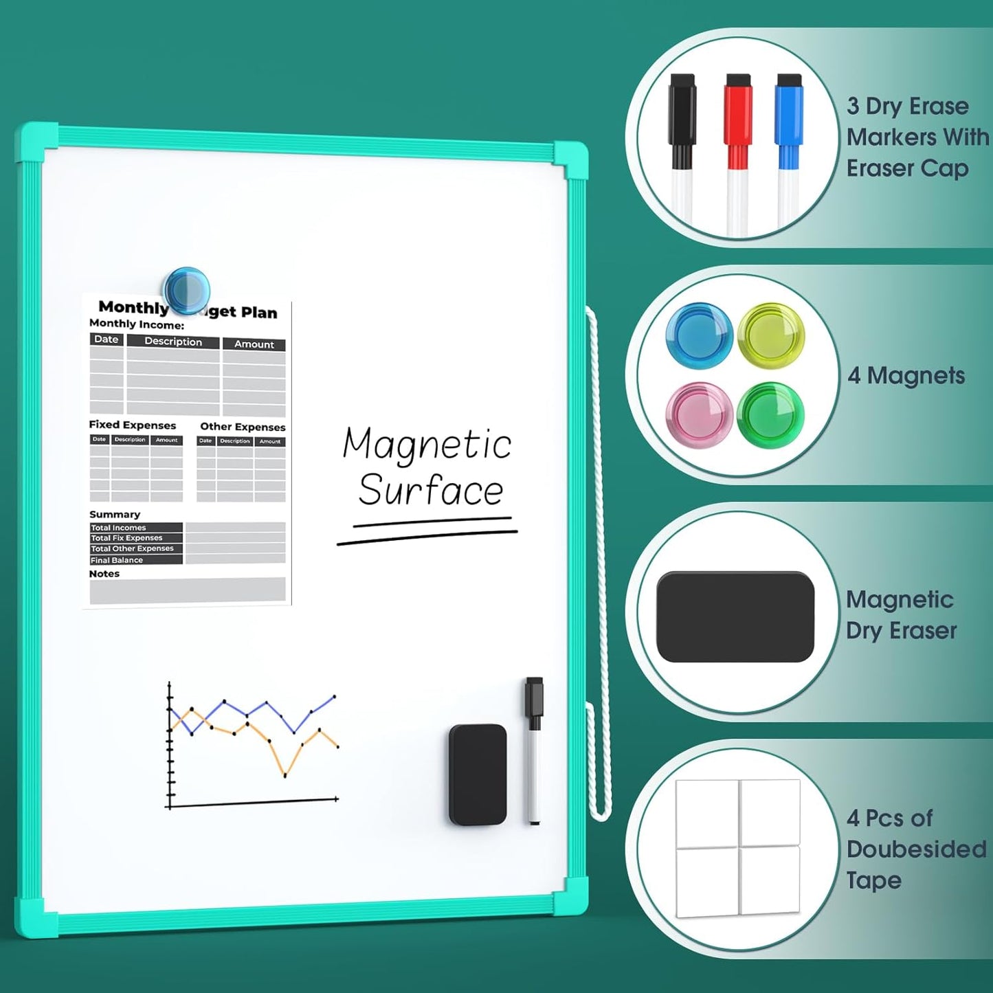MaxGear Double-Sided Dry Erase Board for Wall, 16"x12" Hanging Whiteboard, Small Dry Erase White Board with 3 Markers and 4 Magnets, Portable Whiteboard for Planning, Drawing, Memo, to Do List