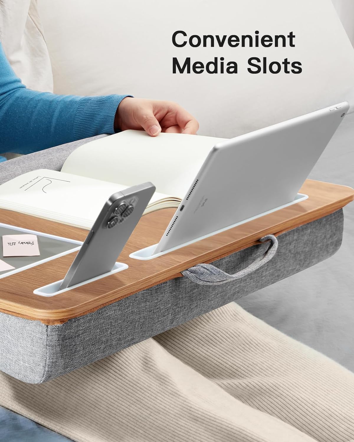 HUANUO Lap Desk - Fits up to 17 inches Laptop Desk, Built in Mouse Pad & Wrist Pad for Notebook, Laptop, Tablet, Lap Stand with Tablet, Pen & Phone Holder, Wood Grain