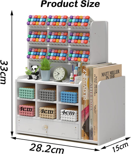 Pen organizer for desk,Marker organizer,Pen holder with drawer,Pencil Holder,with 15 Compartments and 1 Drawer, 1 File Holder Multi-Functional Desk Organizers (White)