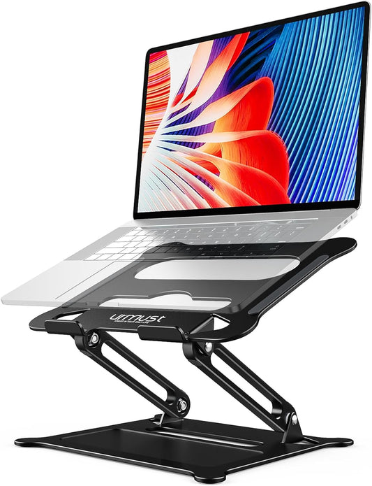 Urmust Aluminum Laptop Stand, Portable Laptop Riser, Adjustable Laptop Stand for Desk Foldable, Ergonomic Computer Notebook Holder for MacBook Air Pro HP, Office Desk Accessories (10-15.6'')- Black