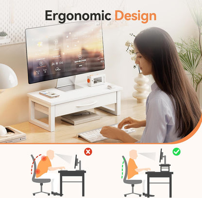 Computer Monitor Stand Riser, Desk Organizers and Accessories with Drawer, 2-Tier Laptop Stand for Desk, Office Organizer Storage, Wood