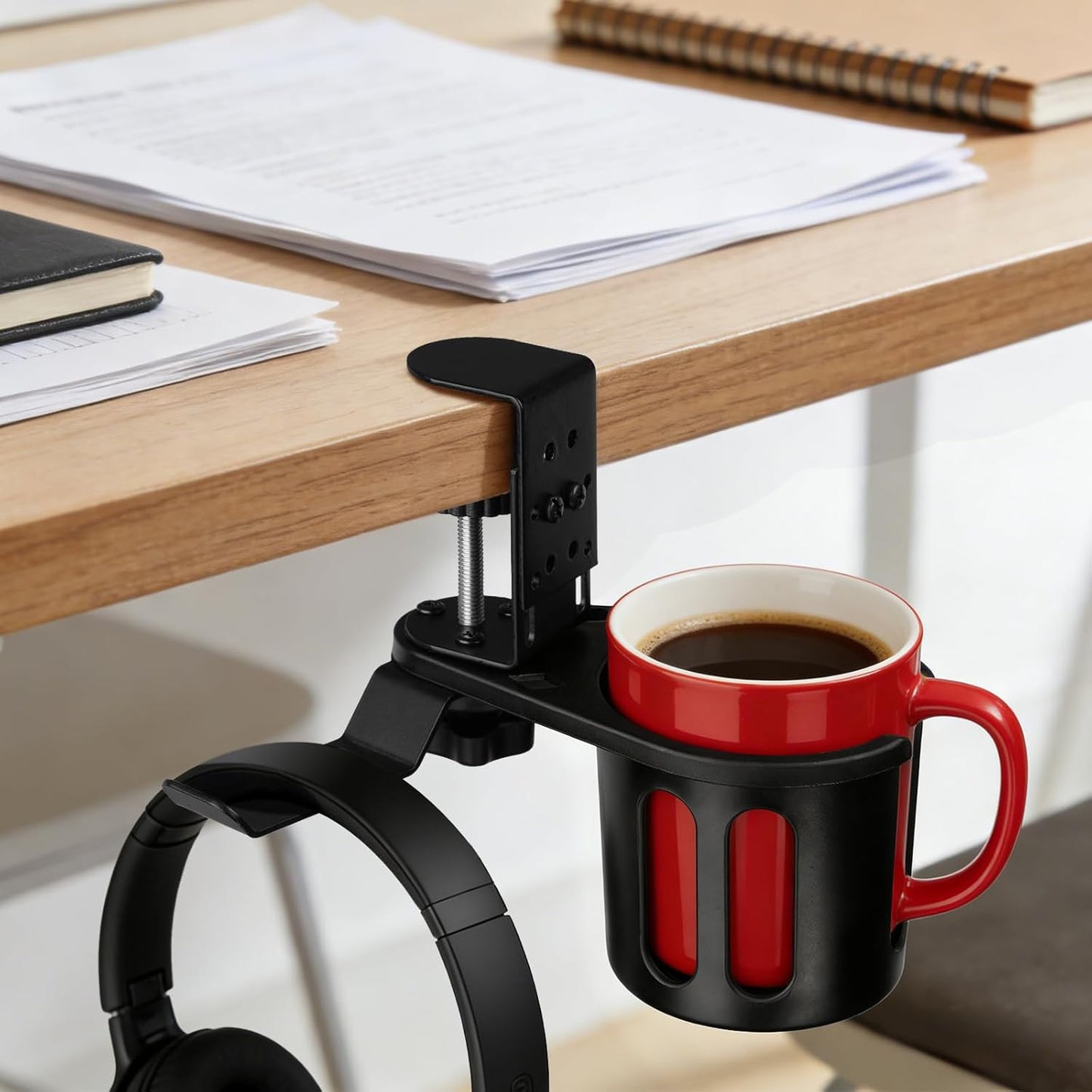 MYITYARD Desk Cup Holder Clamp, Anti-Spill Clip On Table Cup Holder, Rotatable Water Bottle Stand Drink Coffee Mug Storage, Office Accessories for Home and School (Black)