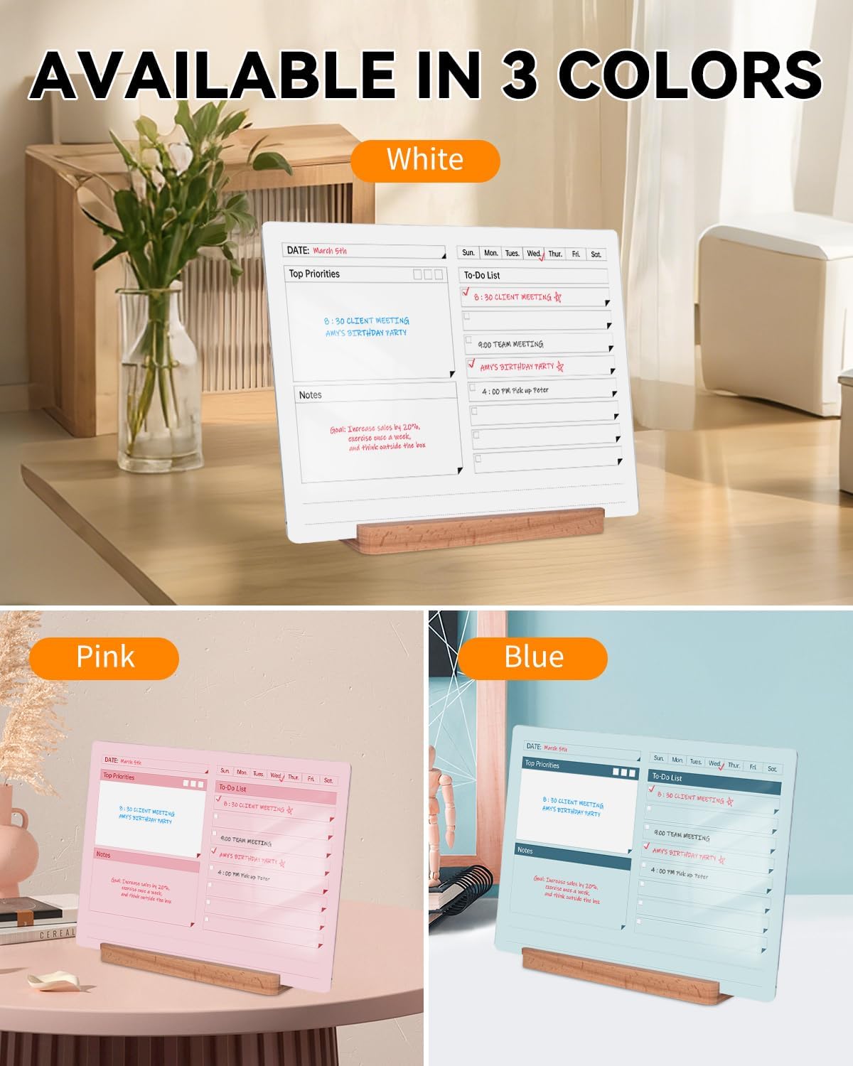 Acrylic Dry Erase to-Do List Board with Solid Wood Base, 9x13 Desktop Whiteboard Planner, Task Organizer for Office/Home/School, Includes 3 Dry Erase Markers (White)