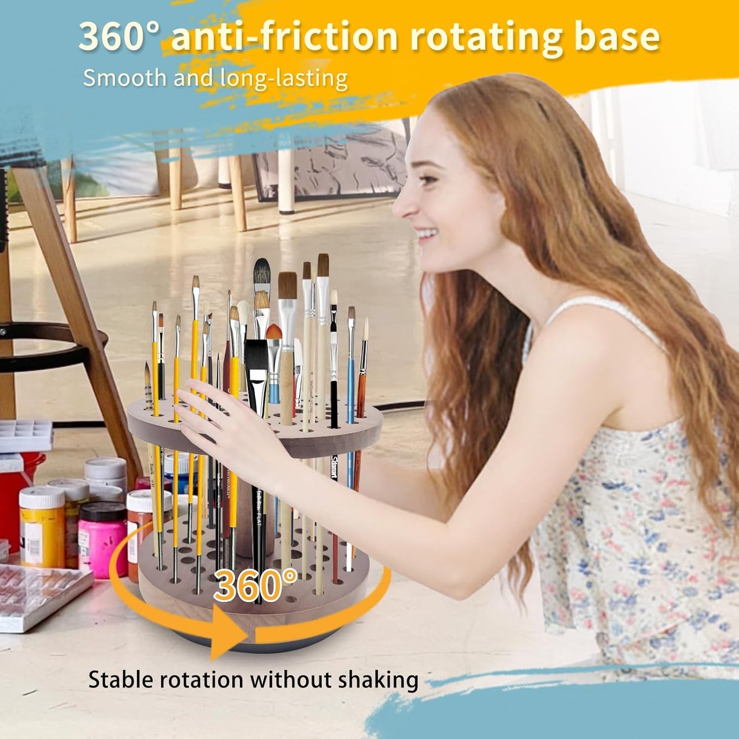 360 Degree Friction-Free Rotating Paint Brush Holder, 52 Multi-Size Hole Natural Hardwood Storage Stand, Space-Saving Desktop Organizer for Artist, Watercolor, Makeup Brushes and Craft Tools (brown)