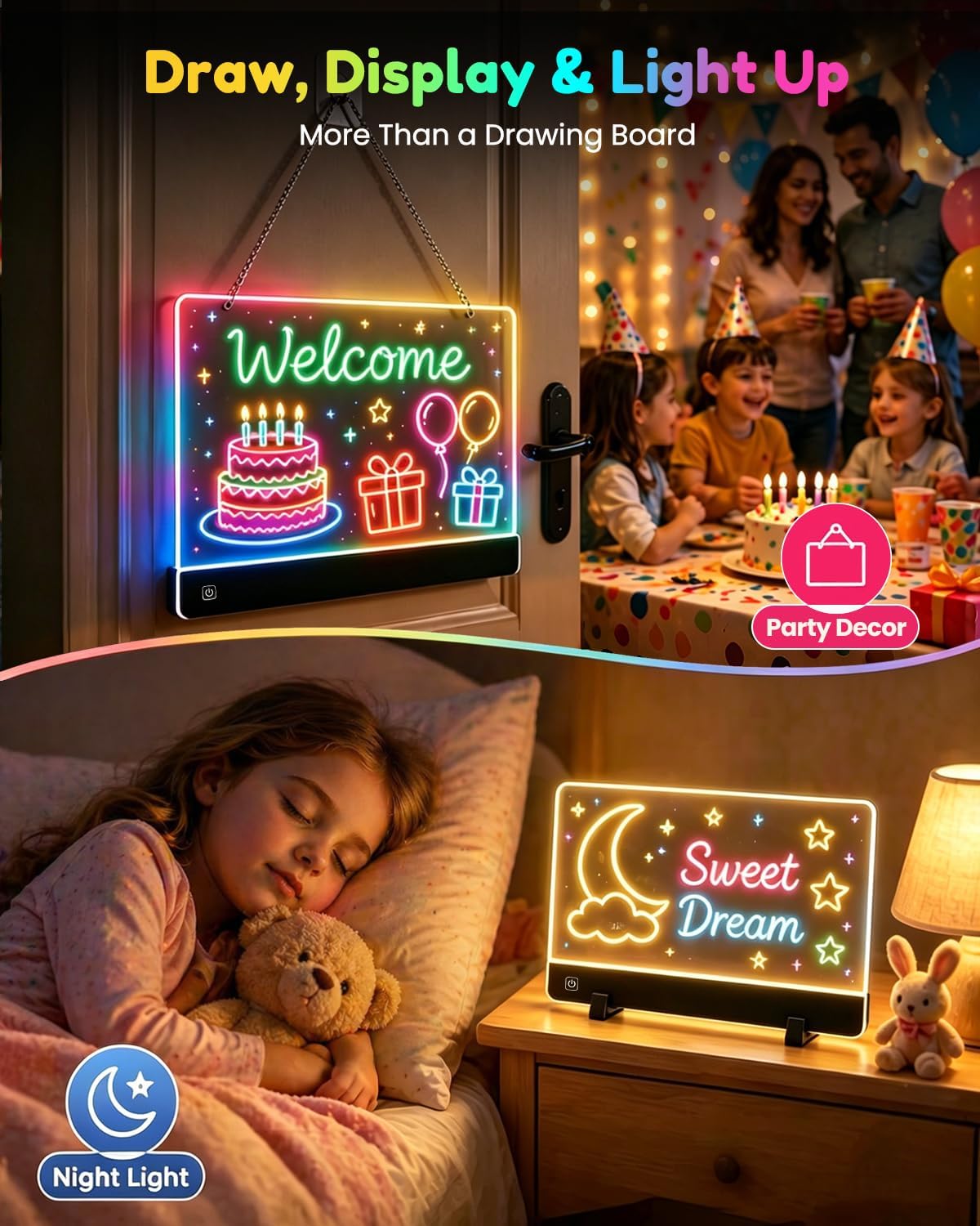 LED Drawing Board for Kids, Rechargeable Light Up Doodle Glow Pad, 72H Battery, Neon Art Dry Erase Note Board with 5 Tracing Papers & 7 Markers, Educational Toys, Birthday Gifts for Boys Girls 3-12