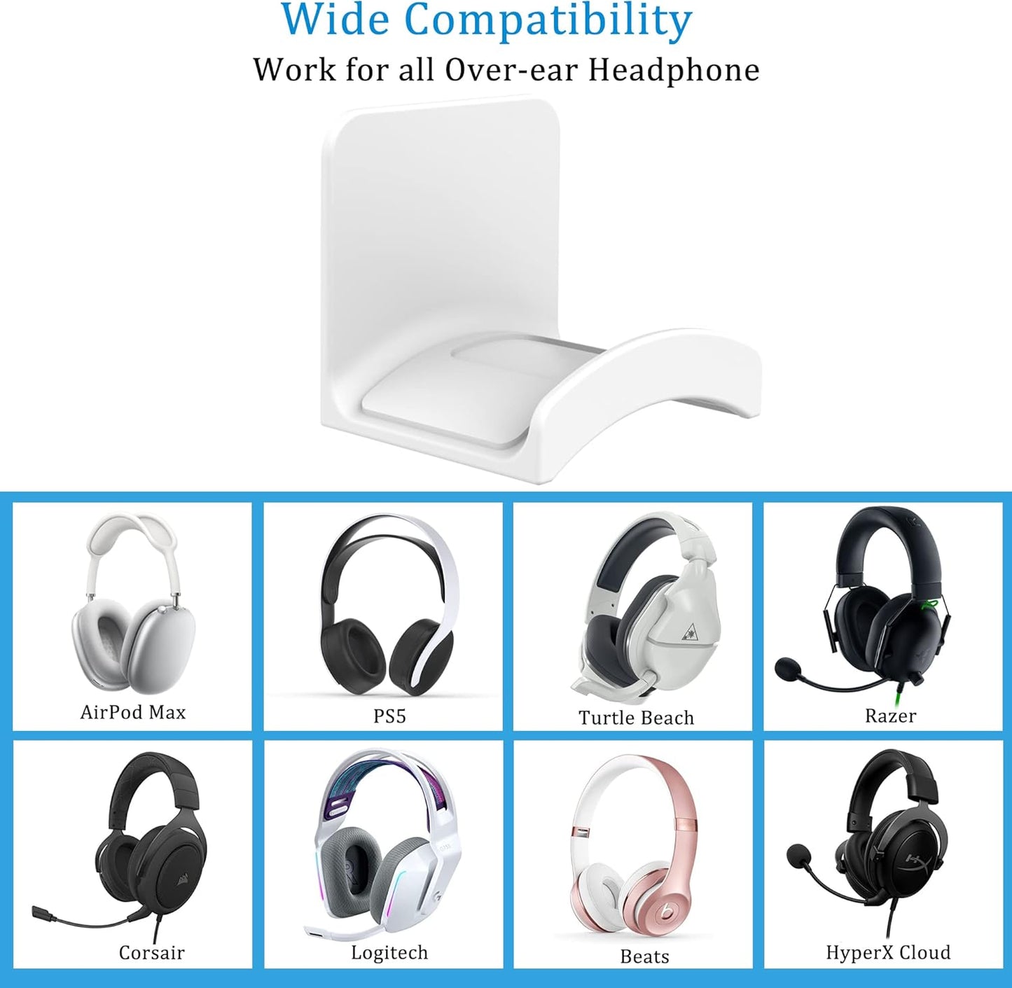 SOKUSIN Headphone Stand Headset Holder - Adhesive Gaming Earphones Hanger, Universal Desk Wall Mount Hook for All Headphone/Controller, Compatible with Beats, AirPods Max,Sony, JBL (White)