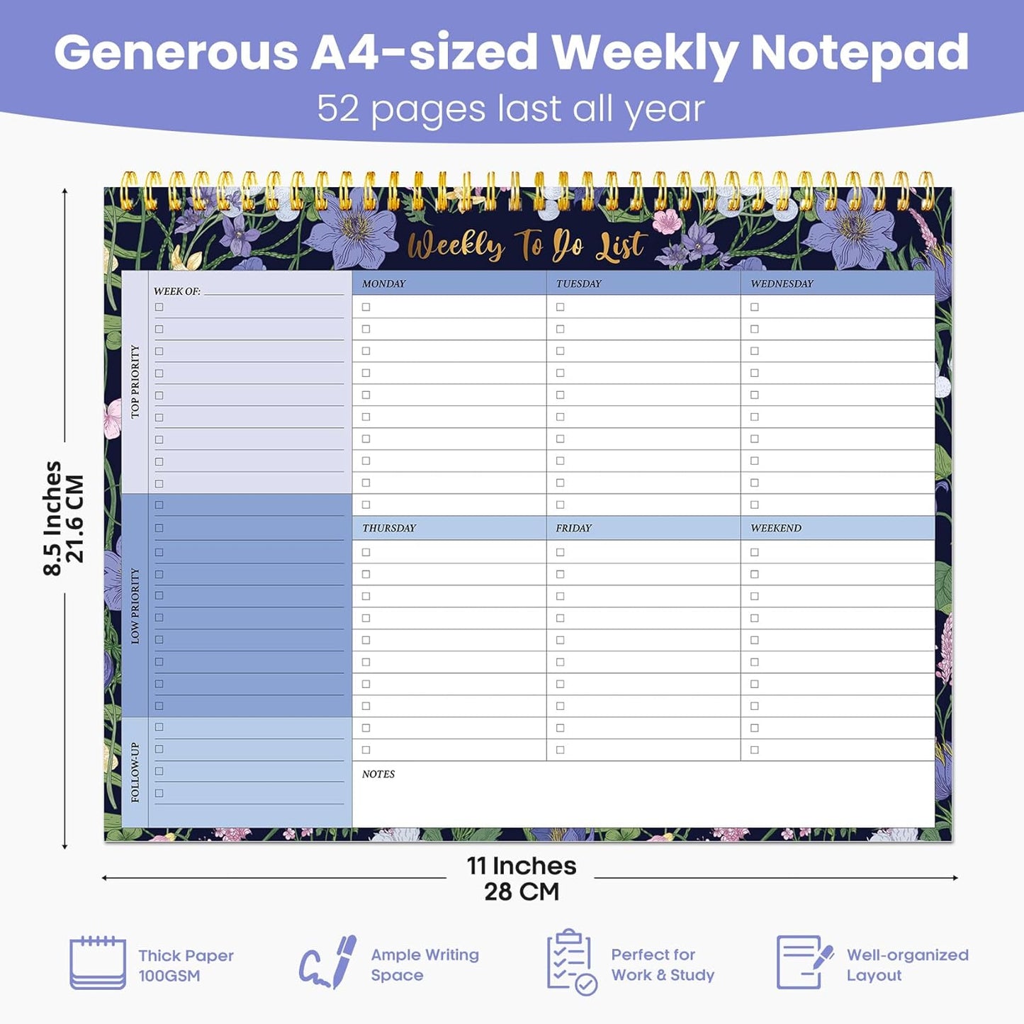 Weekly To Do List Notepad with 52 Undated Sheets（8.5"×11"）- Undated Weekly Planner Notepad for Office Desk Accessories and Supplies - Midnight Lilac