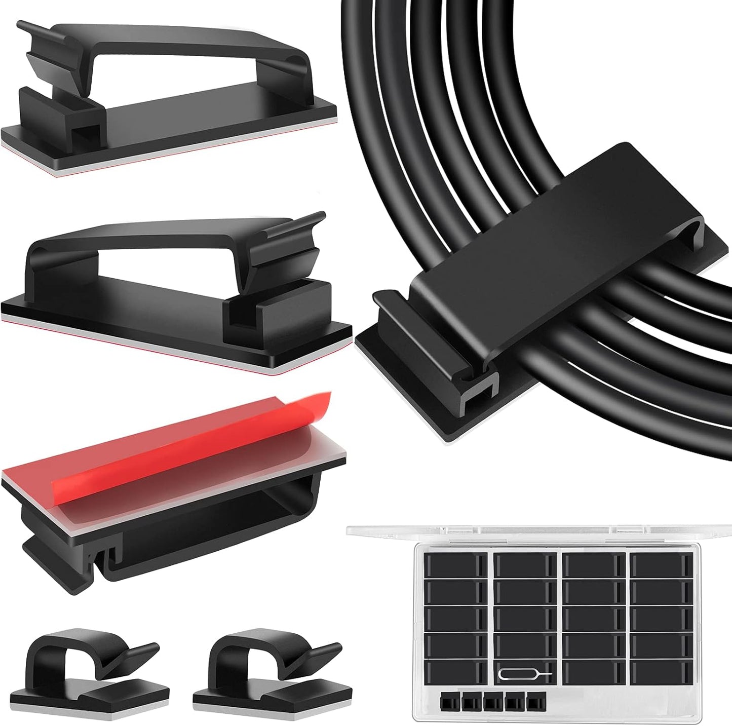 100 PCS Adhesive Cable Clips Black (Small & Large), Upgraded Wire Holder for Wall Cord Organizer Cable Management Under Desk, Outdoor Light Clips Hooks for LED, Car Dash Cam, HDMI, Extension Cord