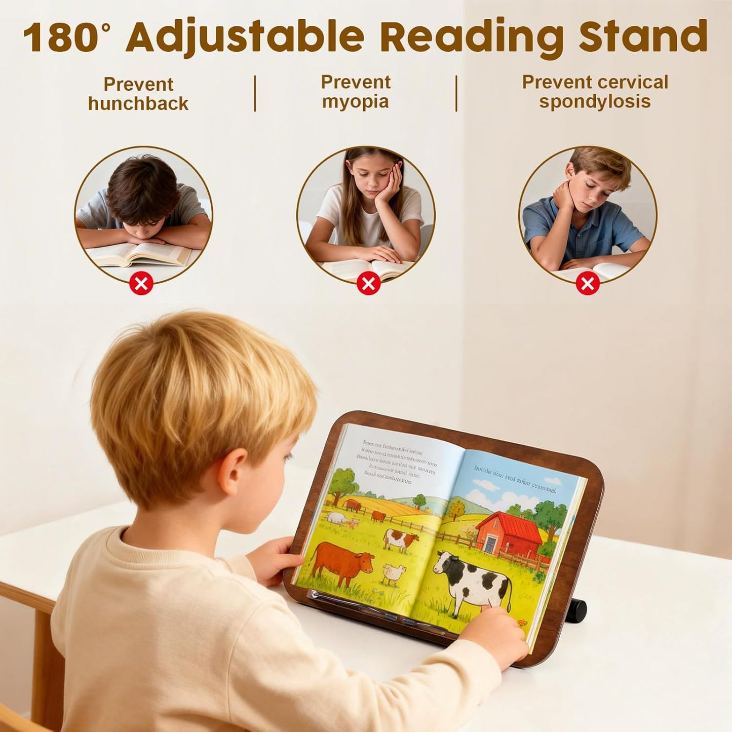 2 in 1 Dual-use Music Stand & Desktop Book Stand, Adjustable Height 16.5"-51", 100% Solid Wood Laptop Floor Stand Book Holder with Page Clips for Cookbooks, Sheet Music (Brown)