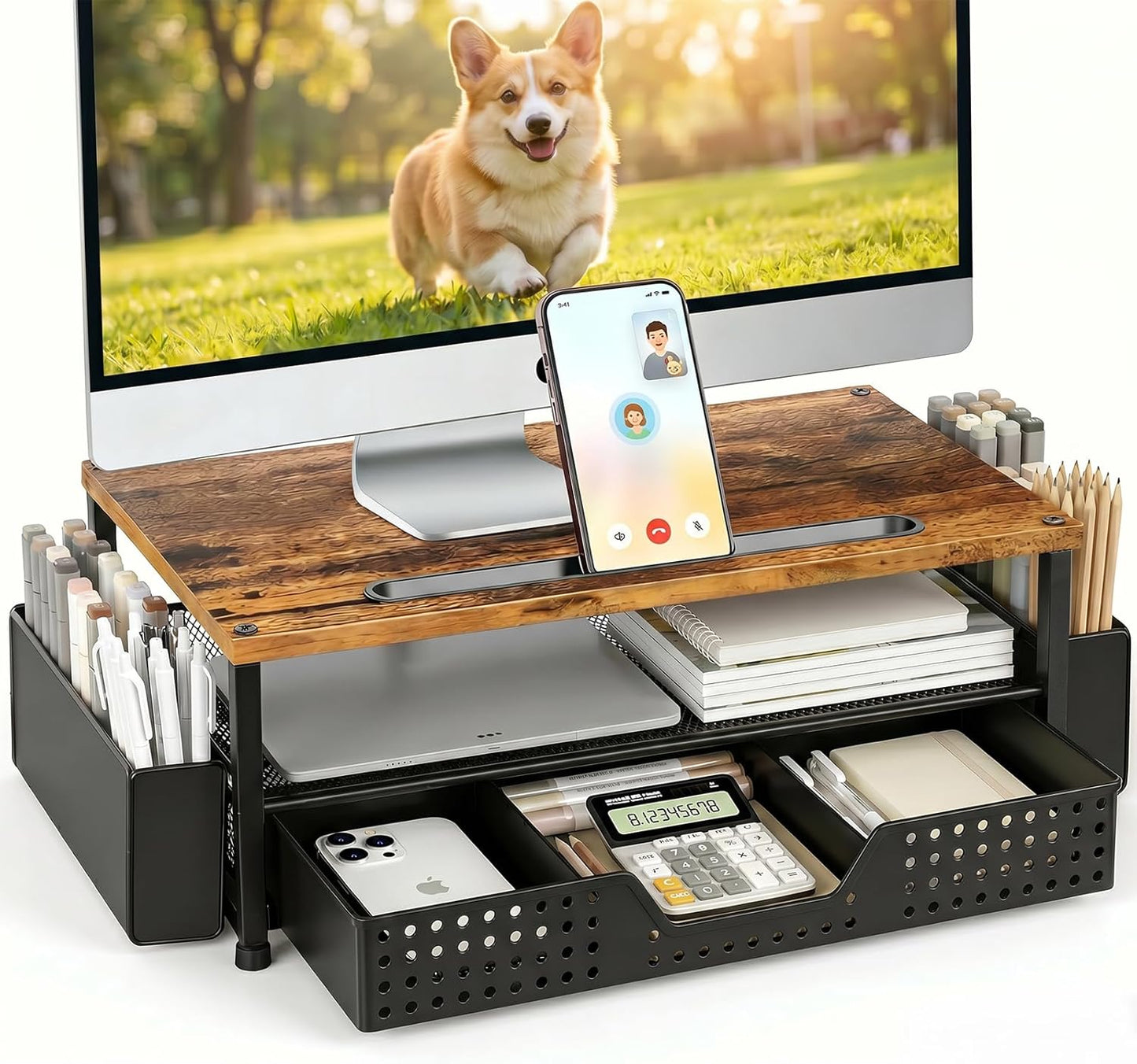 ECOLOVI Desk Organizer and Accessories, 2-Tier Computer Monitor Stand Rise with Storage Drawer & 2 Pen Holders, Laptop & Printer Stand for Desktop, Workspace Organizers for Office Supplies (Brown)