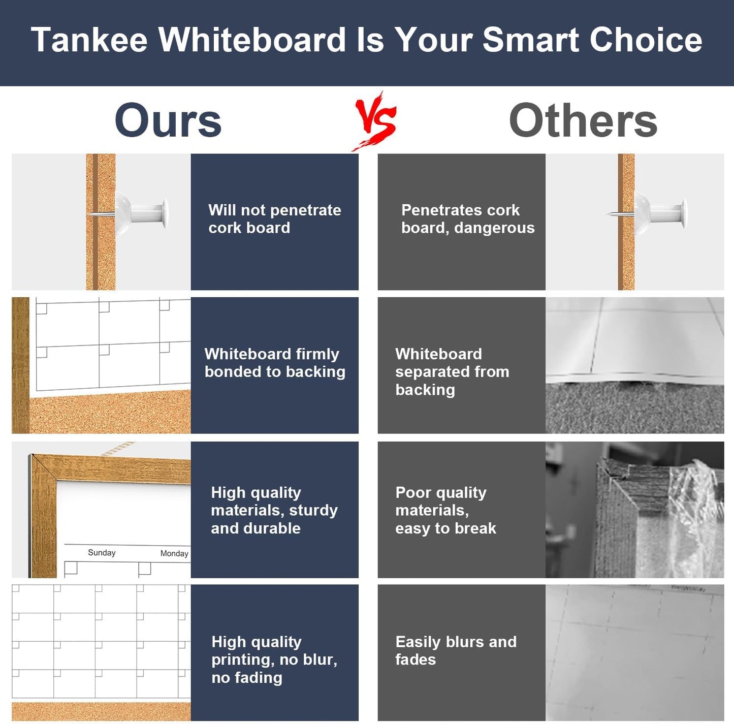 Calendar Whiteboard for Wall, TANKEE 17x13 Inches Whiteboard Calendar Cork Board Combo, Small Magnetic White Board with Wood Framed, Hanging Dry Erase Board for Kitchen Home Office School Planner