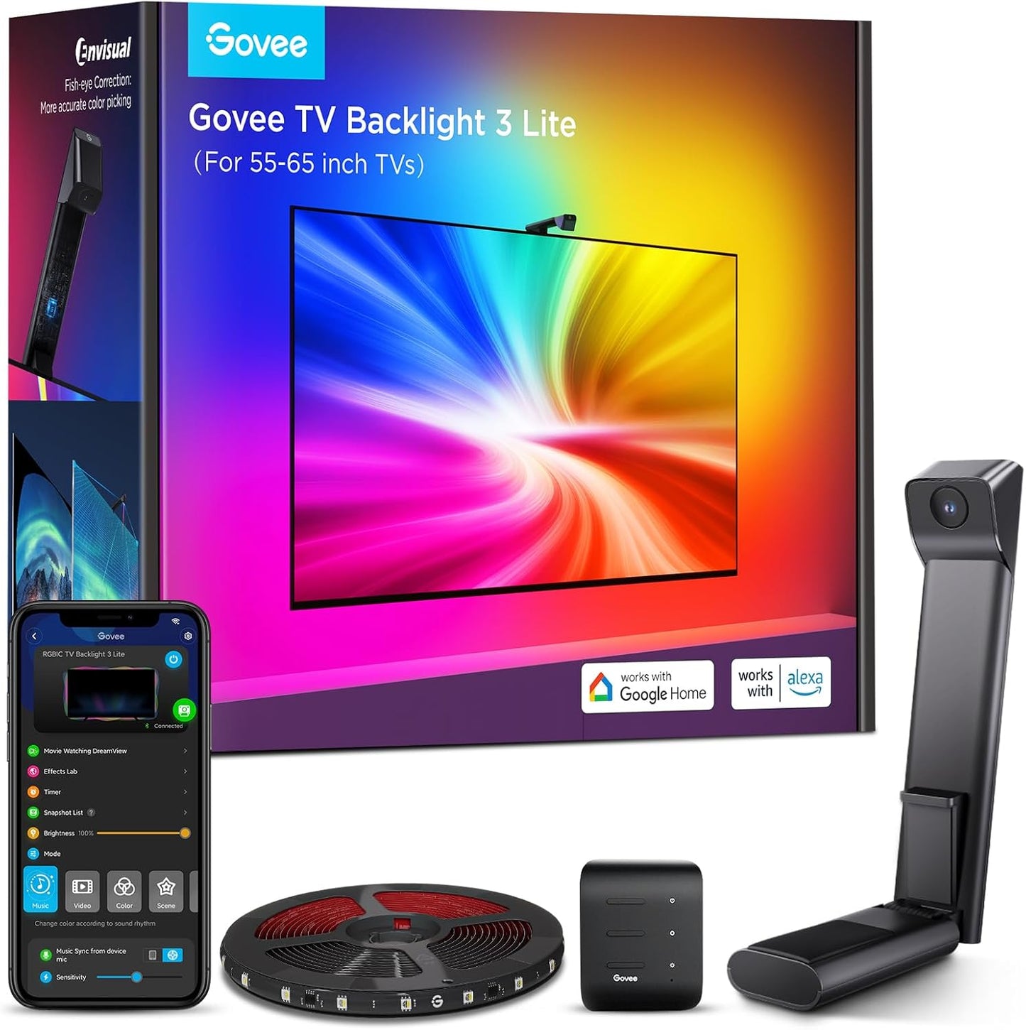Govee TV Backlight 3 Lite with Fish-Eye Correction Function Sync to 40-50 Inch TVs, 7.8ft RGBICW Wi-Fi LED Strip Lights with Camera, 4 Colors in 1 Lamp Bead, Voice and APP Control, Adapter