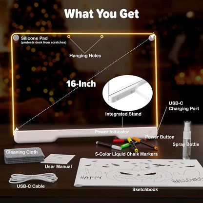 16-Inch Rechargeable LED Drawing Board, 9-Color Light Modes, Neon Art Dry Erase Light Up Doodle Glow Pad with Built-in Stand, Sketching Gift Toy for Kids/Girls/Teens, 7 Markers & Tracing Book