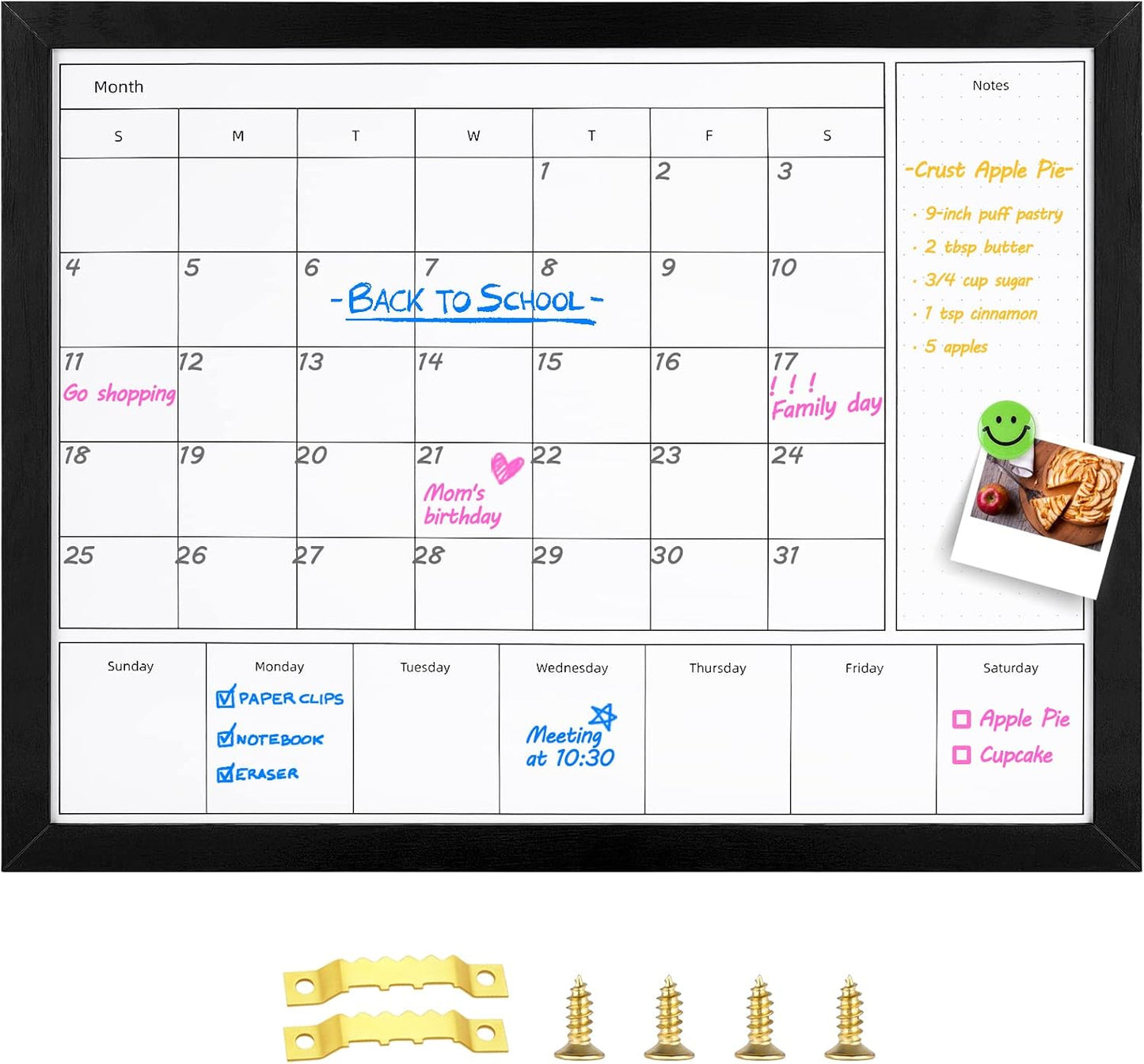 3-in-1 Dry Erase Calendar for Wall, 17x13 inches Magnetic Surface Monthly & Weekly Planner Whiteboard, Dry Erase Board with Black Wood Frame, Hanging White Board Calendar(YL+ZL-BK,4333)