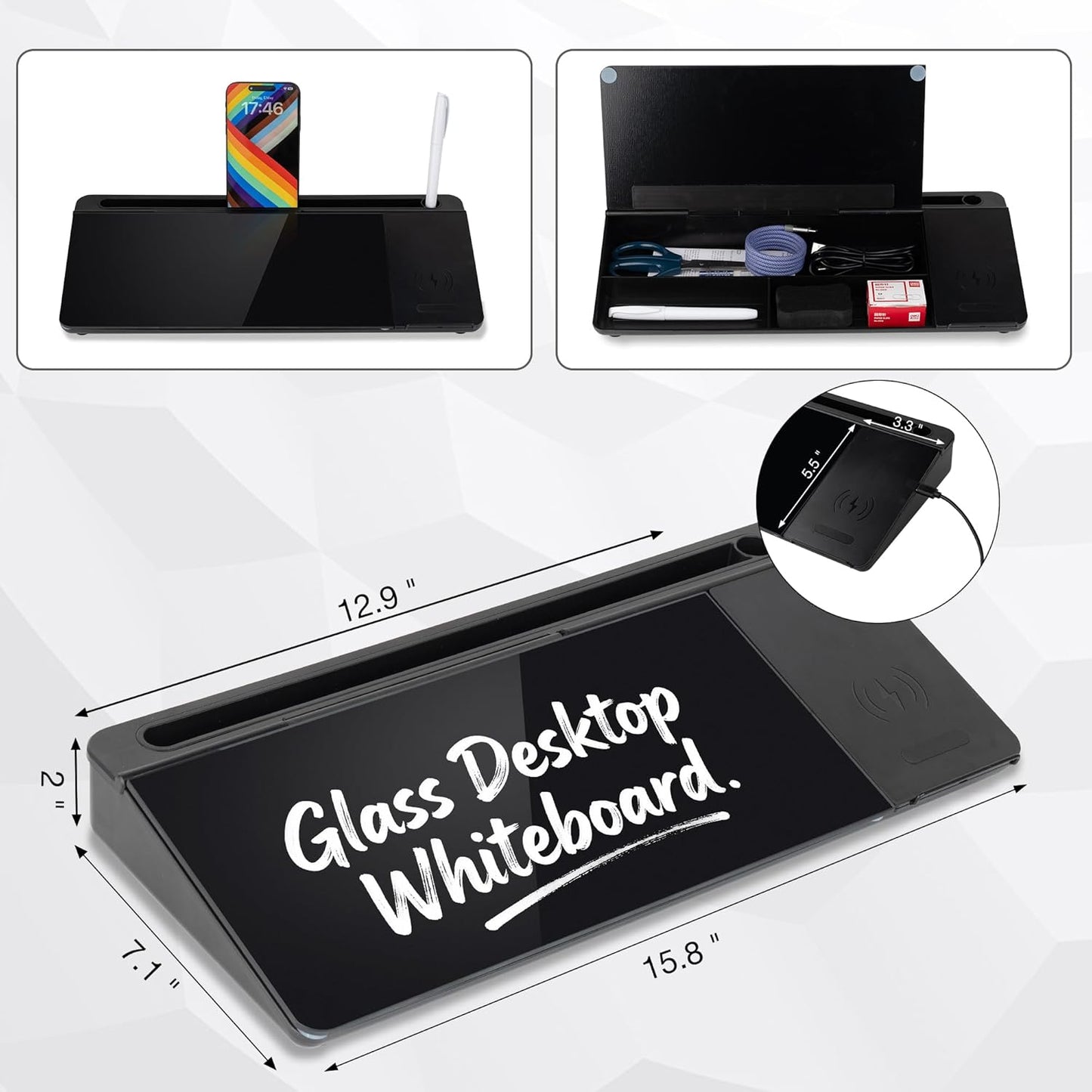Glass Desktop Whiteboard 15.8×7”, Dry Erase Note Memo Board, Desk Organizer with Storage for Office, Home, Study, Black