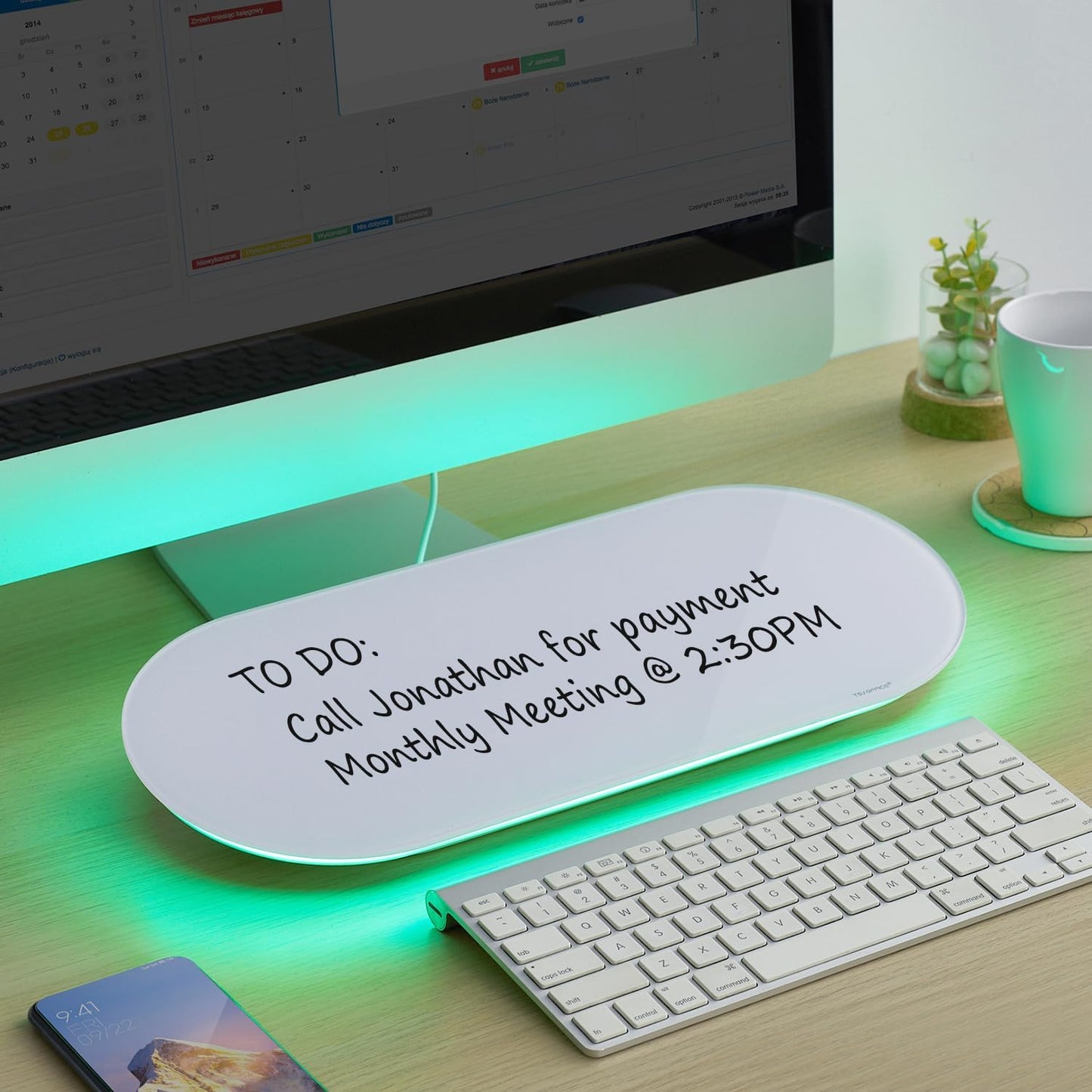 TSJ OFFICE Glass Desktop Whiteboard - 17 X 7 Inches Small Dry Erase Board with Green Light, Black Glass White Board Surface Notepad with 1 Drawer, Desk Organizers for Office, Home, School Supplies