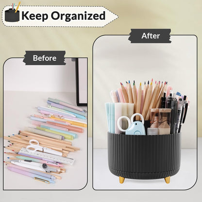 SKYDUE 360 Rotating Plastic Desk Pen Organizer with 5 Slots, Dual-Purpose Art Supply Pencil Cup for Office, School, Home