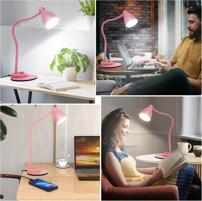 BOHON LED Desk Lamp with USB Charging Port, 3 Color Modes Dimmable Reading Lamp, Auto Dimming Task Lamp, Flexible Neck Table Light for Dorm Bedside, Adapter Include, White