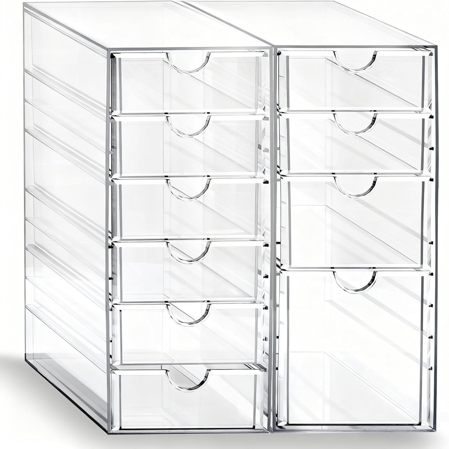Prsildan Acrylic Drawer Makeup Organizer with 6 Drawers (Not for Baby Bottle), Set of 2 Office Desk Organizers Accessories, Clear Stackable Storage Drawers for Vanity, Craft (Largest Drawer 4" Tall)