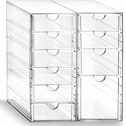 Prsildan Acrylic Drawer Makeup Organizer with 6 Drawers (Not for Baby Bottle), Set of 2 Office Desk Organizers Accessories, Clear Stackable Storage Drawers for Vanity, Craft (Largest Drawer 4" Tall)