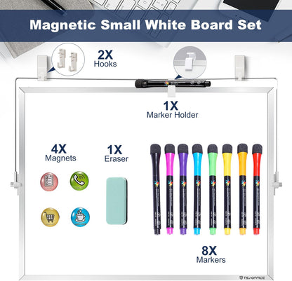 TSJ OFFICE Small White Board - 12 X 16 Inches Small Magnetic Dry Erase Board with Hooks for Wall, Desktop Whiteboard Stand 360 Degrees Revolving Double Sided for Office, Home, School, Silver