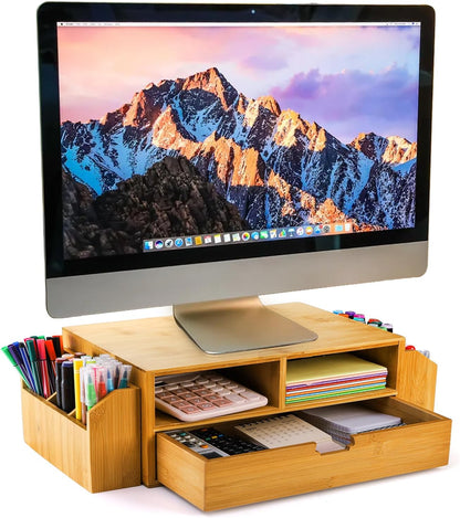 Hiceeden 2 Tier Bamboo Desktop Organizer, Desk Monitor Stand Riser with 1 Drawer and 2 Pen Holder, 2 Compartment Computer Desk Storage Organizer for Laptop, Printer