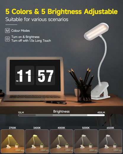 CUHIOY Desk Lamp Clip on Reading Light, USB-C Battery-Operated Rechargeable Table Lamps with Clamp for Dorm Home Office, 38LEDs Bed Headboard Light, 5 Colors 5 Brightness, Flexible Gooseneck (Black)