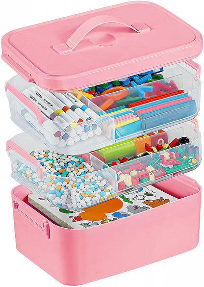 3-Layer Plastic Craft Organizers and Storage Box with Removable Trays, Storage Containers with lids and Handle, Art Supply Storage Organizer for Bead, Ornament, Nail Polish, Tape（10.62"x9"x7.67"）