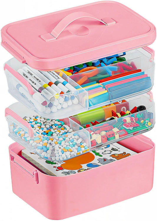 3-Layer Plastic Craft Organizers and Storage Box with Removable Trays, Storage Containers with lids and Handle, Art Supply Storage Organizer for Bead, Ornament, Nail Polish, Tape（10.62"x9"x7.67"）