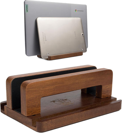 S&A WOODCRAFT 3 Slots Bamboo Wood Vertical Laptop Stand, Adjustable Wooden Laptop Holder, Non-Slip Laptop Dock Compatible with Apple MacBook, Microsoft Surface, Gaming Laptops, IPad, Tablets