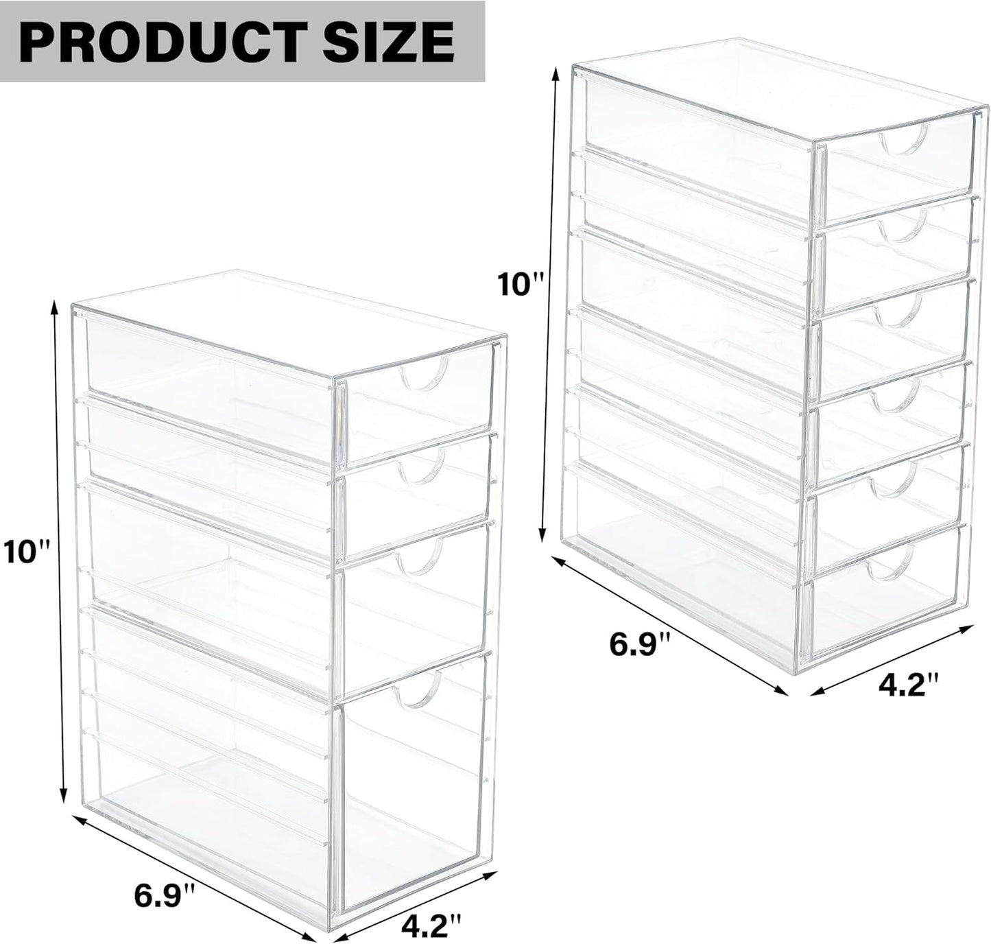 Prsildan Acrylic Drawer Makeup Organizer with 6 Drawers (Not for Baby Bottle), Set of 2 Office Desk Organizers Accessories, Clear Stackable Storage Drawers for Vanity, Craft (Largest Drawer 4" Tall)