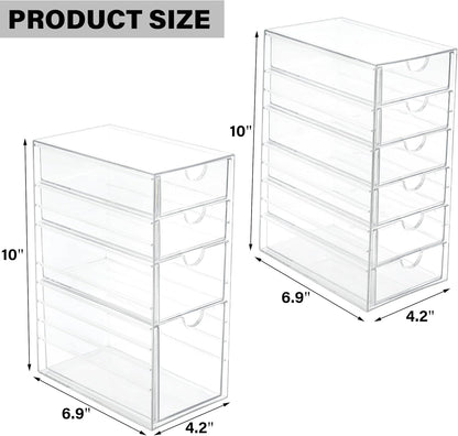 Prsildan Acrylic Drawer Makeup Organizer with 6 Drawers (Not for Baby Bottle), Set of 2 Office Desk Organizers Accessories, Clear Stackable Storage Drawers for Vanity, Craft (Largest Drawer 4" Tall)