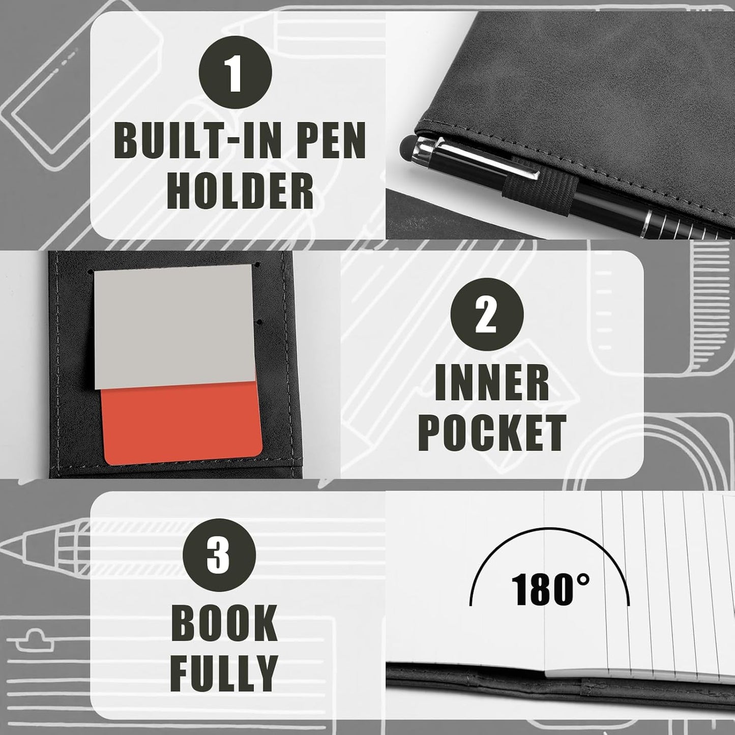 Outus 10 Pcs Mini Pocket Notepad Holder Set Included Small Leather Pocket Notebook Holder with 50 Lined Sheets, Metal Pen, 8 Pcs 3 x 5 Inch Memo Book Refills, 30 Lined Paper Per Note Pad (Black)