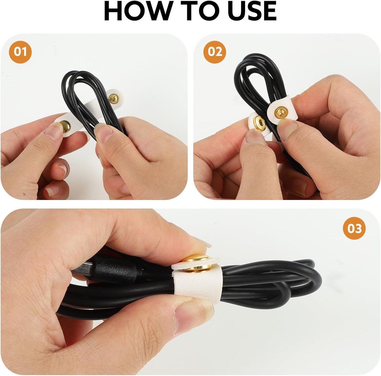 10 Pcs Cord Organizer, Portable Leather Cable Cord Stocking Stuffers for Men USB Straps Earphone Winder with Leather Handmade (Brown/white)