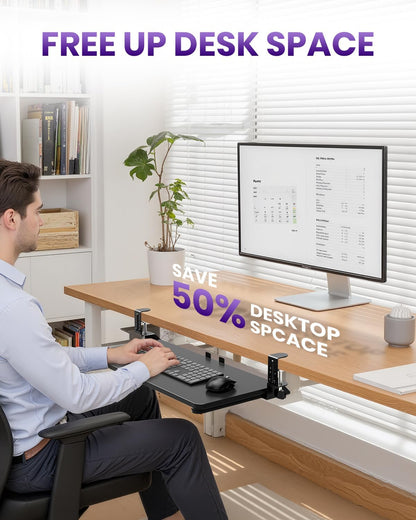 Ergonomic Mouse & Keyboard Tray Under Desk, Pull Out with Adjustable C-clamp, 20 (25.9 Including Clamps) x 11.8 Inch Slide Out Computer Keyboard Drawer Mouse Tray for Typing, Rustic Brown