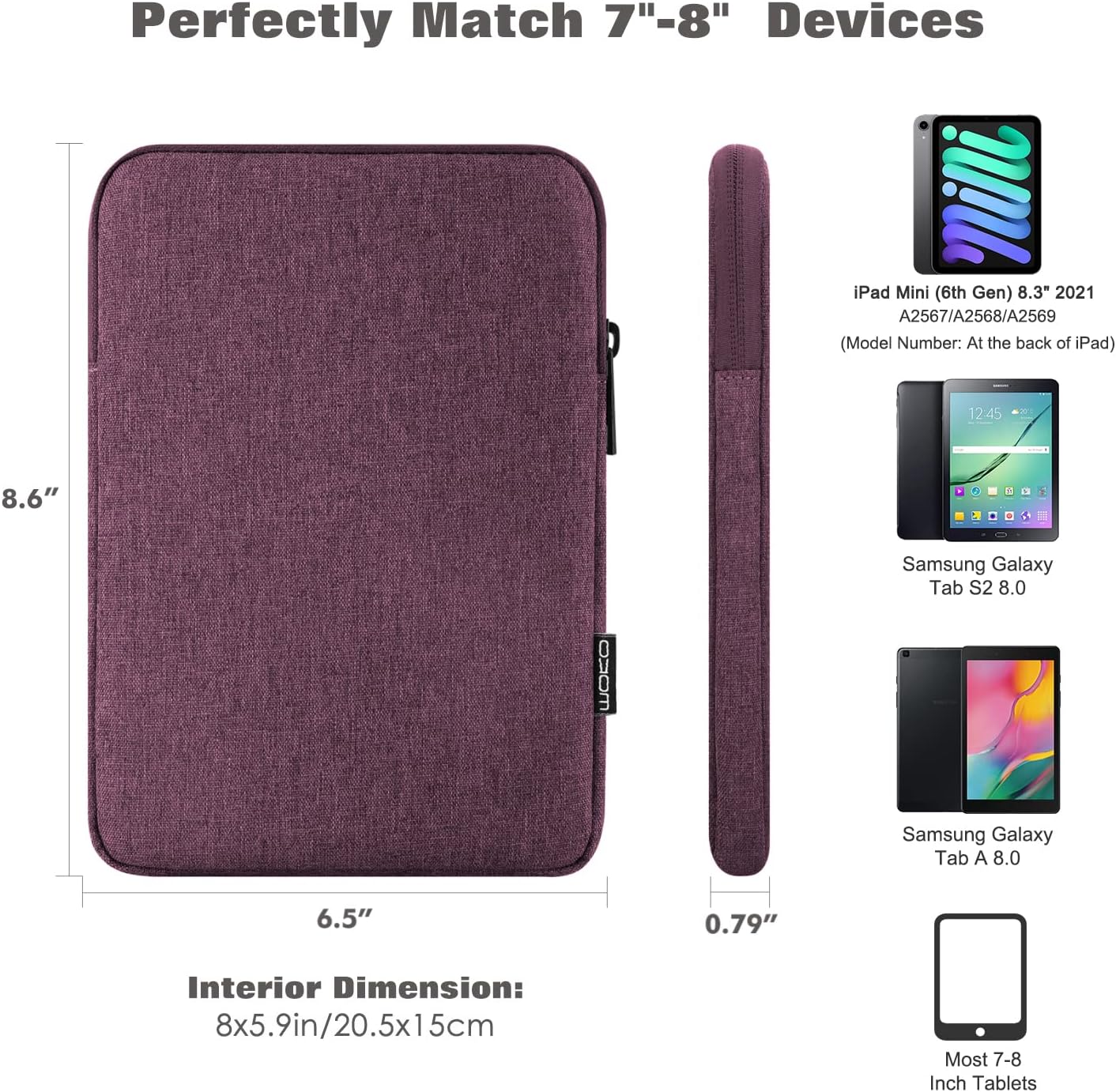 MoKo 7-8 Inch Tablet Sleeve Bag, Polyester Pouch Cover Case Fits iPad mini (A17 Pro) 8.3" 2024, iPad mini 6/5/4/3/2/1, Samsung Galaxy Tab S2 8.0, Tab A 8.0, ZenPad Z8s 7.9,Black