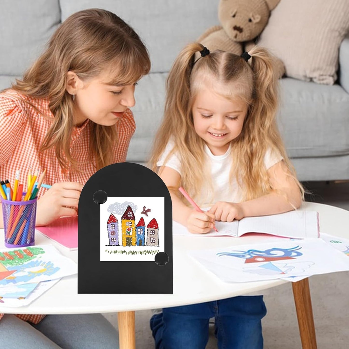 2 PCS Magnetic Bulletin Boards with Easel Stand, 11x8in Tabletop Metal Board with Anti-Tipping Bent Design and 4 Magnets, Memo Picture Display Board for Office, Kitchen, School, Home (Black)