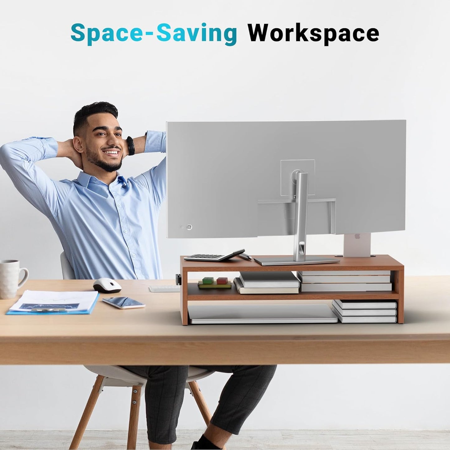 BONTEC Wooden Monitor Stand Riser for Desk, 2-Tier Computer Monitor Stand with Storage, 66 lbs Desk Shelf Organizer, Laptop & Printer Stand with Phone Holder and Cable Management, White, 16.5 Inch