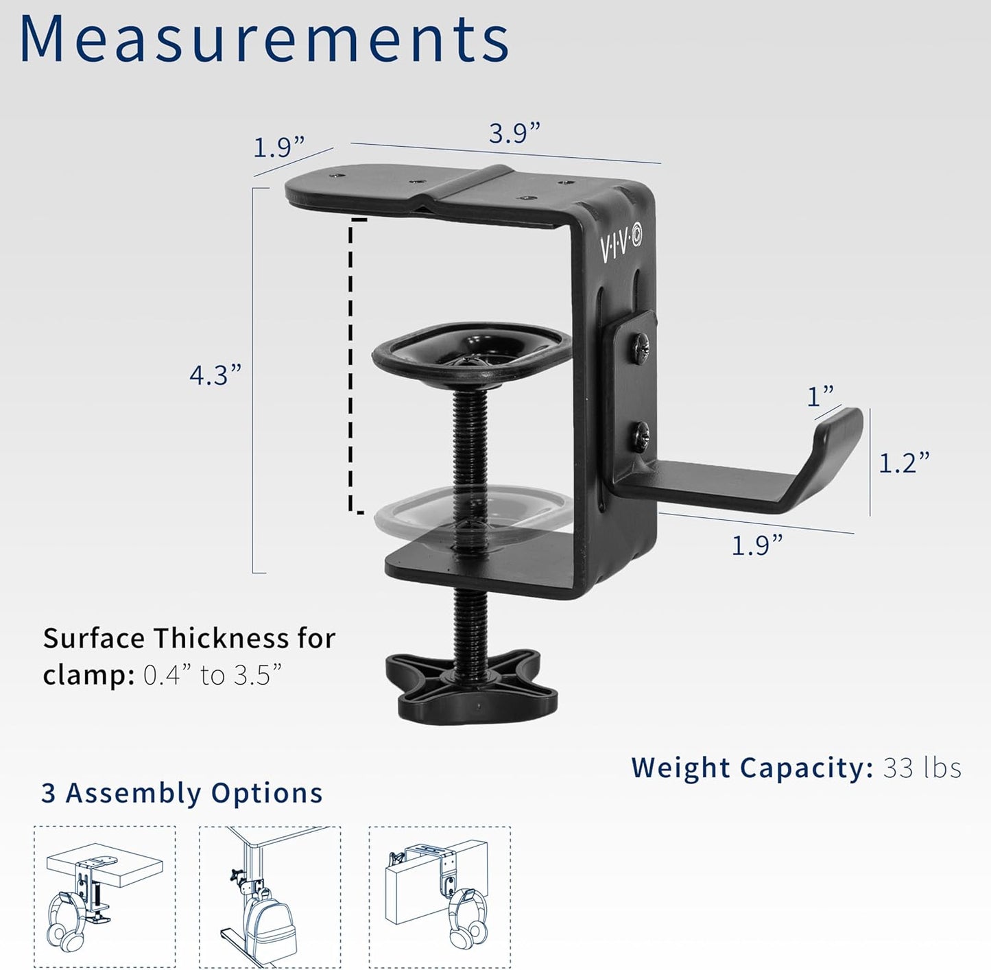 VIVO Steel Clamp-on Hook for Desktop and Desk Leg Mounting, Clip Holder for Office Accessories, Bags, Headphones, and More, Black, Mount-HLC1
