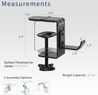 VIVO Steel Clamp-on Hook for Desktop and Desk Leg Mounting, Clip Holder for Office Accessories, Bags, Headphones, and More, Black, Mount-HLC1