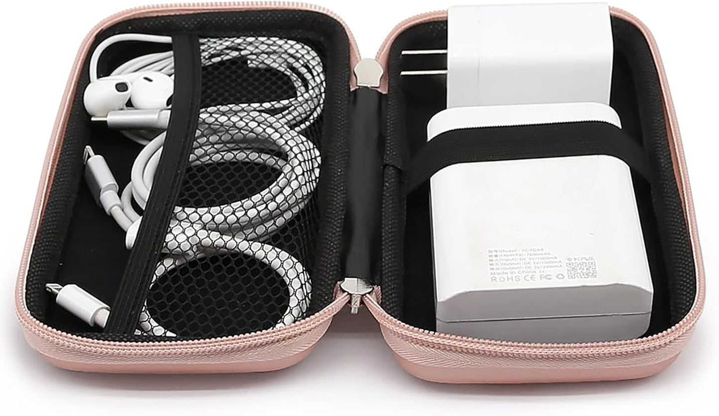 iMangoo Travel Essential Electronics Organizer Pouch Charger Case, Shockproof Dual Zipper Power Bank Cables Tech Accessories Purse, Men & Women Travel Must Have Storage Bag, 6.5x3.2x1 inch Rose Gold