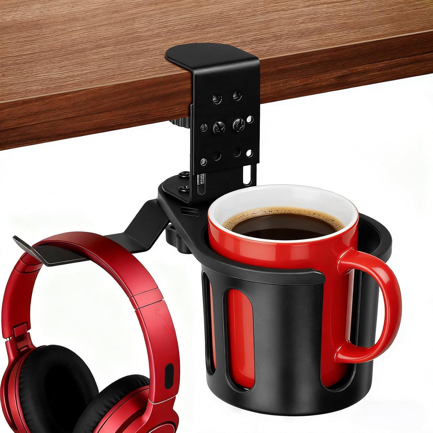 MYITYARD Desk Cup Holder Clamp, Anti-Spill Clip On Table Cup Holder, Rotatable Water Bottle Stand Drink Coffee Mug Storage, Office Accessories for Home and School (Black)